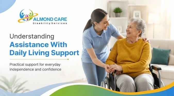 Carer assisting an elderly woman in a wheelchair, showcasing daily living support that promotes independence and confidence.